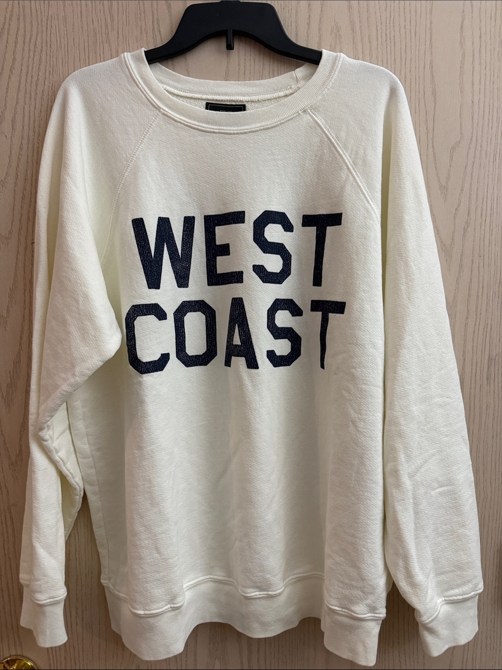 Cream Crewneck Sweater with Navy "West Coast" Lettering